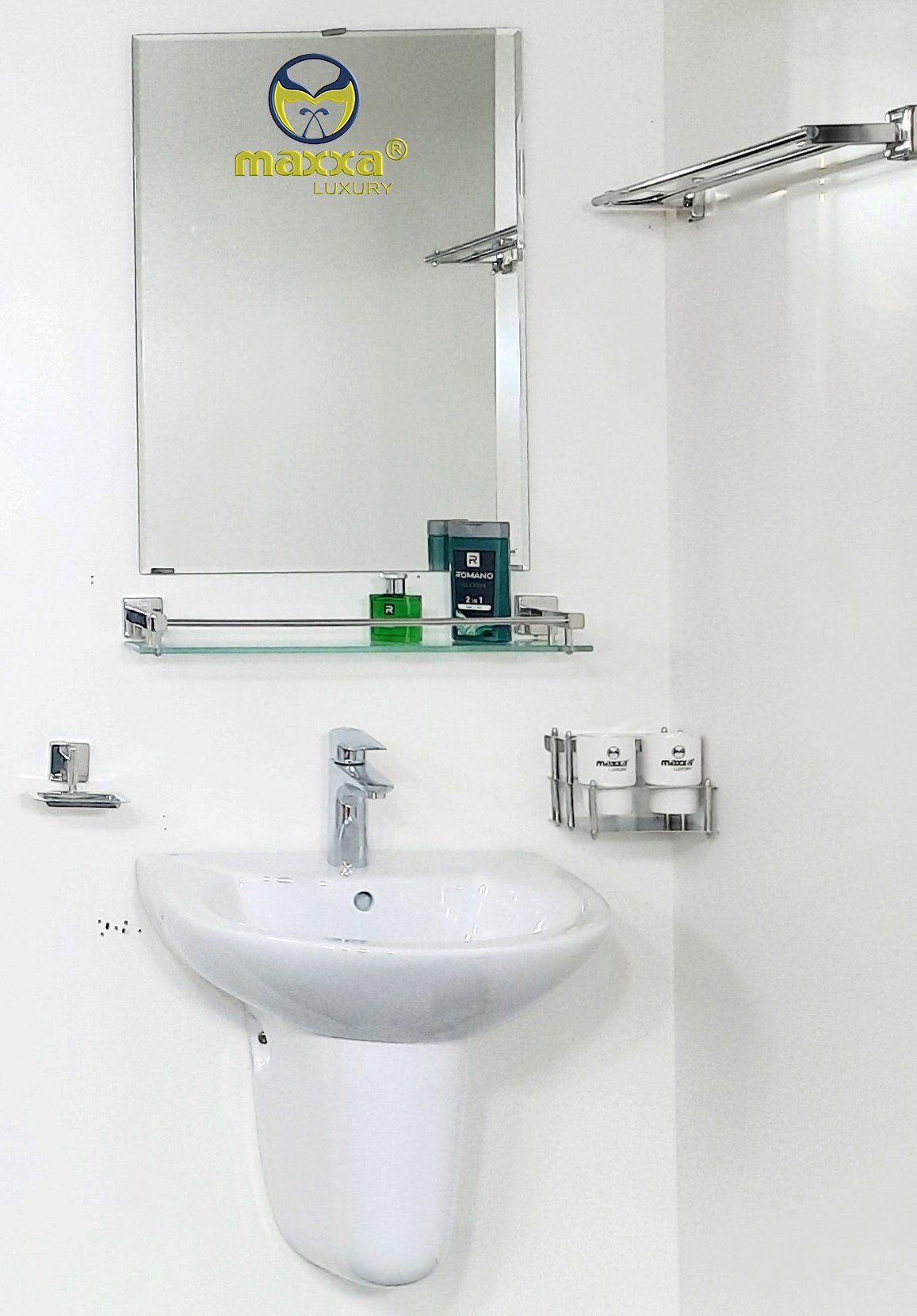 Chậu men sứ cao cấp + vòi chậu + phụ kiện Maxxa